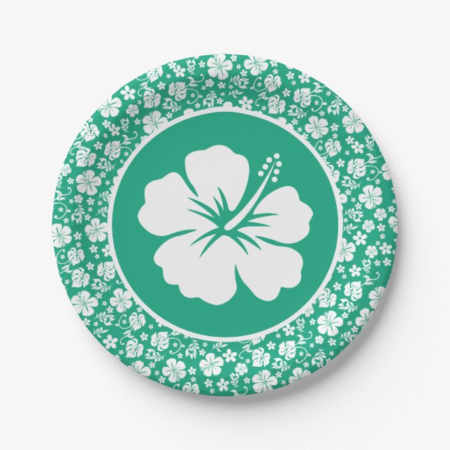 Prato De Papel Hibiscus branco tropical em verde (Frente)