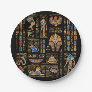 Prato De Papel Hieróglifos egípcios e divindades em preto