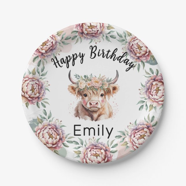 Prato De Papel Highland Cow Boho Watercolor First Birthday (Frente)