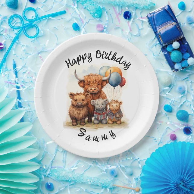Prato De Papel Highland Cow Scottish Birthday Plates, Personaliza (Criador carregado)