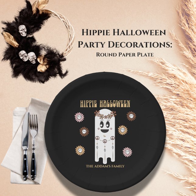 Prato De Papel Hippie Halloween Cute Ghost Round (Hippie Halloween ghost party decorations round paper plates)