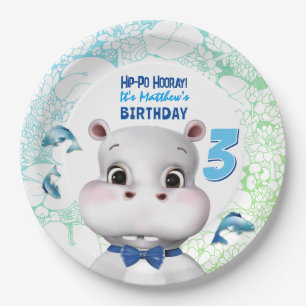Prato De Papel Hippo Blue Fish Boy Birday