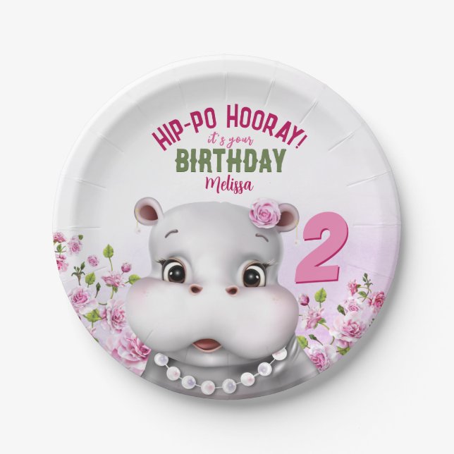 Prato De Papel Hippo Pink Floral Girl Birday (Frente)