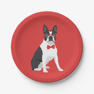 Prato De Papel Hipster Boston Terrier com vidros & laço vermelhos
