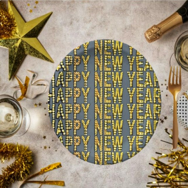 Prato De Papel HNY-Yellow-Gld (These fancy paper plates, gives such a festive look, to your New Year's dining table!)