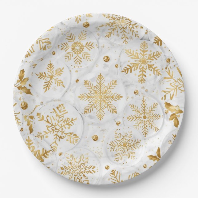 Prato De Papel Holiday paper plate in gold and white (Frente)