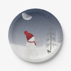 Prato De Papel Holiday Snowman com estrela de ouro