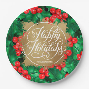 Prato De Papel Holly Berries Dourado Faux Foil Foliday