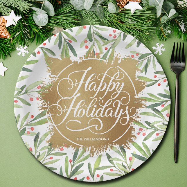 Prato De Papel Holly Berries Dourado Faux Folheto de Papel Folida (Personalized branch and berries on gold faux foil Happy Holiday paper plates)