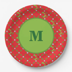 Prato De Papel Holly Monogramas, Red and Green Paper Plates