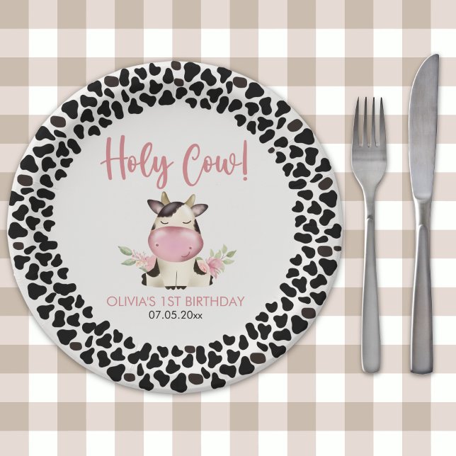 Prato De Papel Holy Cow Cute Birthday Girl with Cow Theme (Criador carregado)
