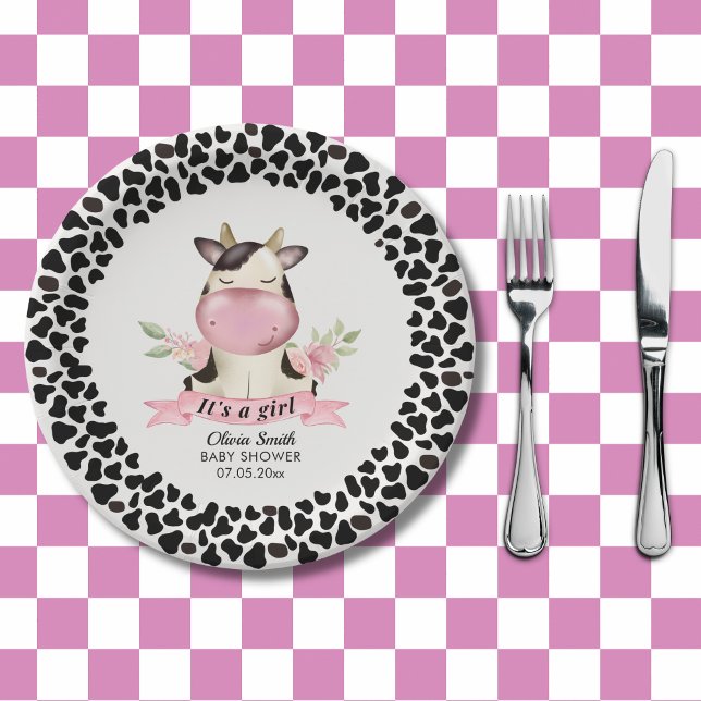 Prato De Papel Holy Cow It's a Girl Cute Cow Baby shower (Criador carregado)