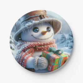 Prato De Papel Homem de Neve com Presente, Natal, Autor Natasha