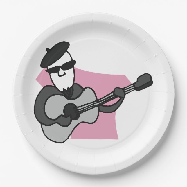 Prato De Papel Homem Usando Boina Tocando Violão (Frente)