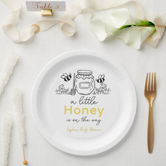 Prato De Papel Honey Hand-drawn Jar & Bees White Baby Shower (Casamento)