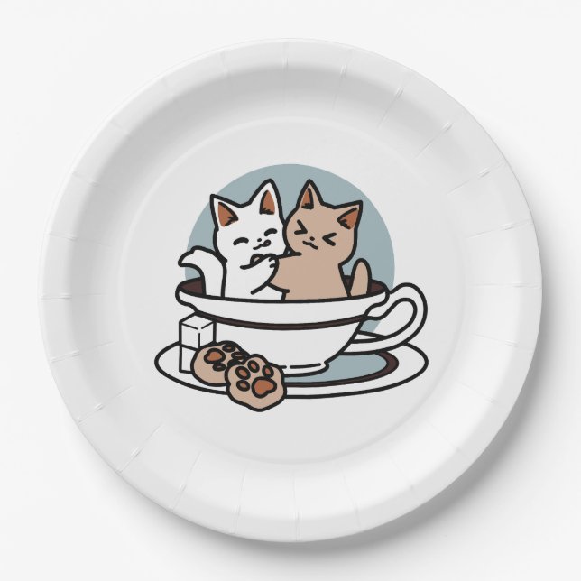 Prato De Papel Hora do Tea Meow - Design de Gato e Chá (Frente)