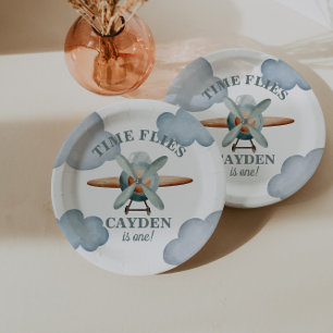 Prato De Papel Hora do Voo Avião Impressão de Foto de Aniversário