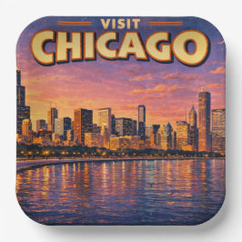 Prato De Papel Horizonte de Chicago e Lago Michigan ao anoitecer