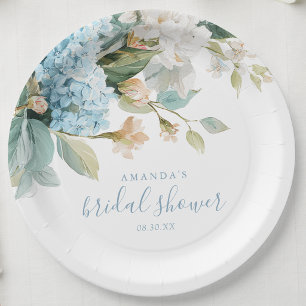 Prato De Papel Hortênsia Azul Floral Aguarela Chá de Noiva