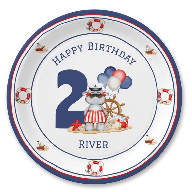 Prato De Papel Horto Náutico de Birthday-Menino Azul (Cute Hippo Nautical Birthday Boy Blue Custom Age Paper Plates)