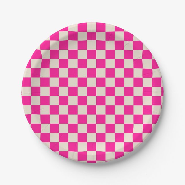 Prato De Papel Hot pink and tan checkerboard pattern (Frente)