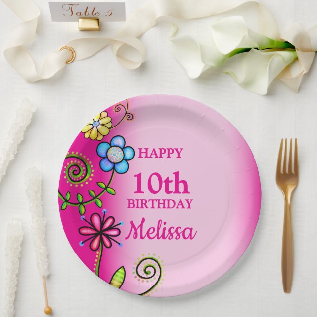 Prato De Papel Hot Pink Hand-drawn Wildflowers (Casamento)