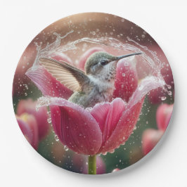 Prato De Papel Hummingbird Espalhando em Tulipa