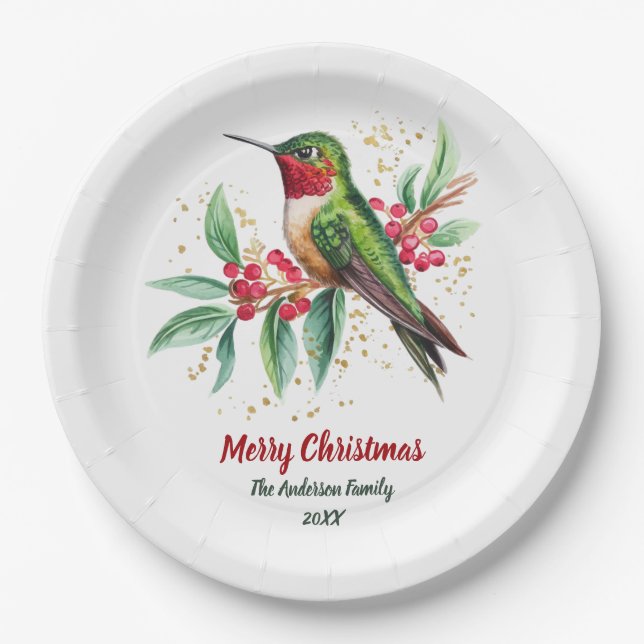 Prato De Papel Hummingbird personalizado com aquarela natalina (Frente)