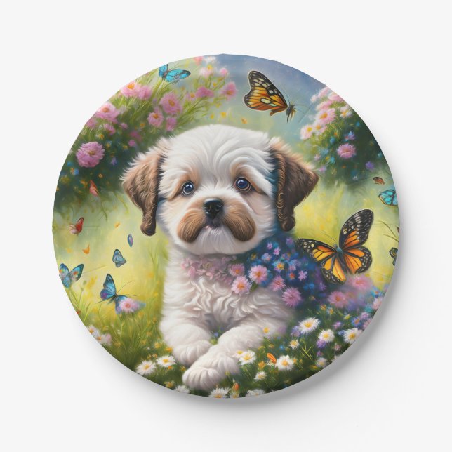 Prato De Papel Hund in Blumenwiese mit Schmetterlingen (Frente)