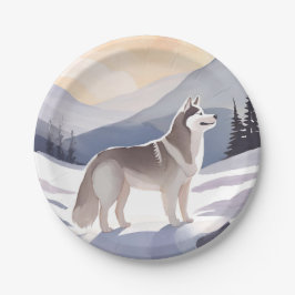 Prato De Papel Husky do Alasca | Aquarela Montanha Canina