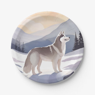 Prato De Papel Husky do Alasca   Aquarela Montanha Canina