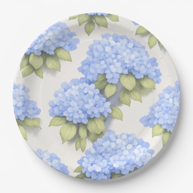 Prato De Papel Hydrangea Plates | Elegant Ivory Blue Floral Party (Frente)