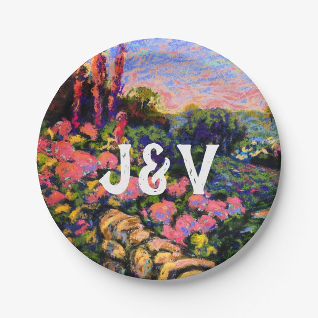 Prato De Papel Hydrangea rosa, jardim e Iniciais (Frente)