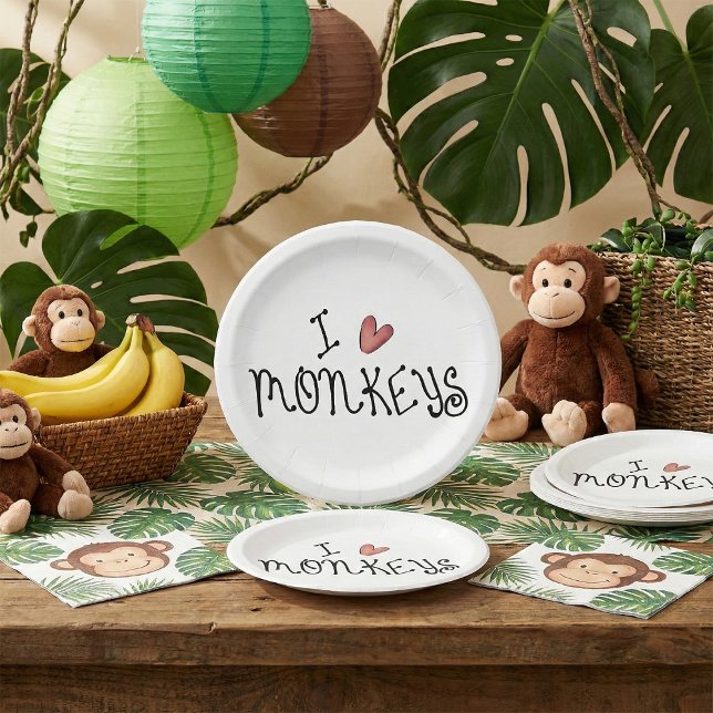 Prato De Papel I Love Monkeys Cute Handwritten Typography (Criador carregado)