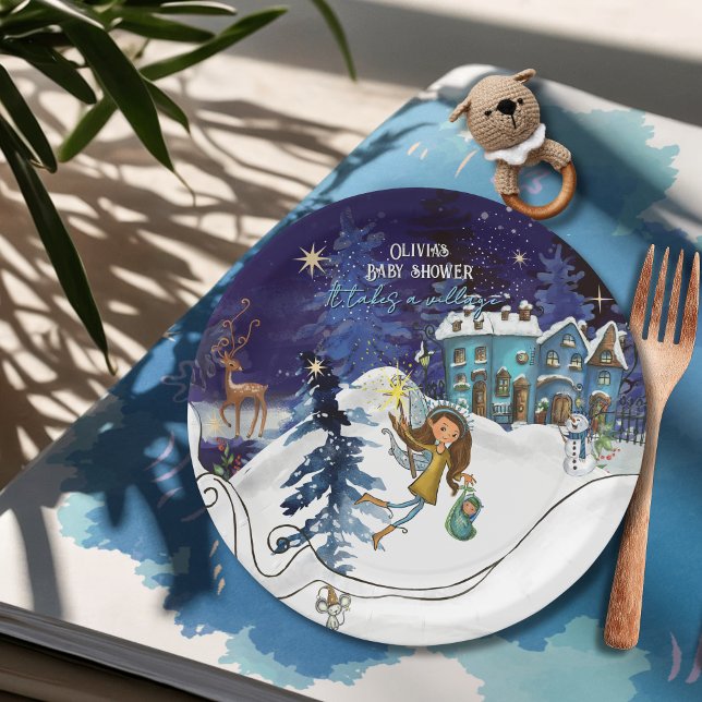 Prato De Papel Ice Blue Winter Village Baby Shower | Swirl Frame (Ice Blue Winter Village Baby Shower  Swirl Frame Paper Plates)
