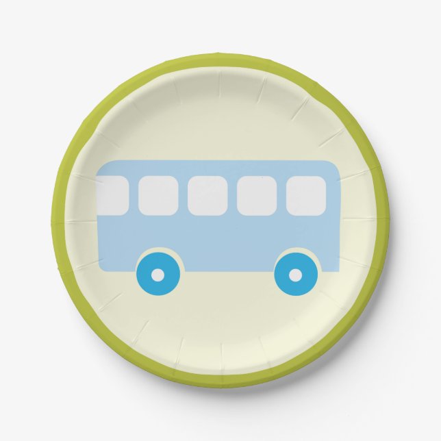 Prato De Papel Ícone de Ônibus Escolar Azul Pastel Fofo (Frente)
