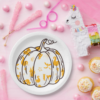 Prato De Papel Ícones de Halloween Laranja Fofos em Abóbora