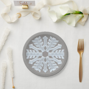 Prato De Papel Icy White Frozen Snowflake Elegante Cinza Natal