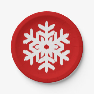 Prato De Papel Ikat Snowflake - Vermelho escuro e branco