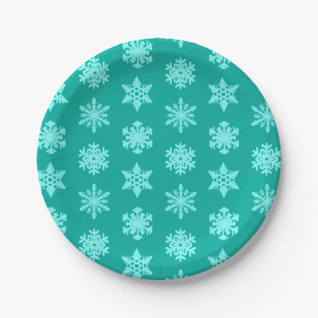 Prato De Papel Ikat Snowflakes - Turquesa e aqua (Frente)