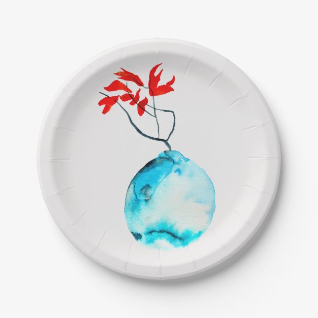 Prato De Papel Ikebana aquarela vase azul (Frente)