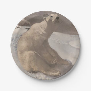 Prato De Papel Ilustração antiga de urso polar na neve