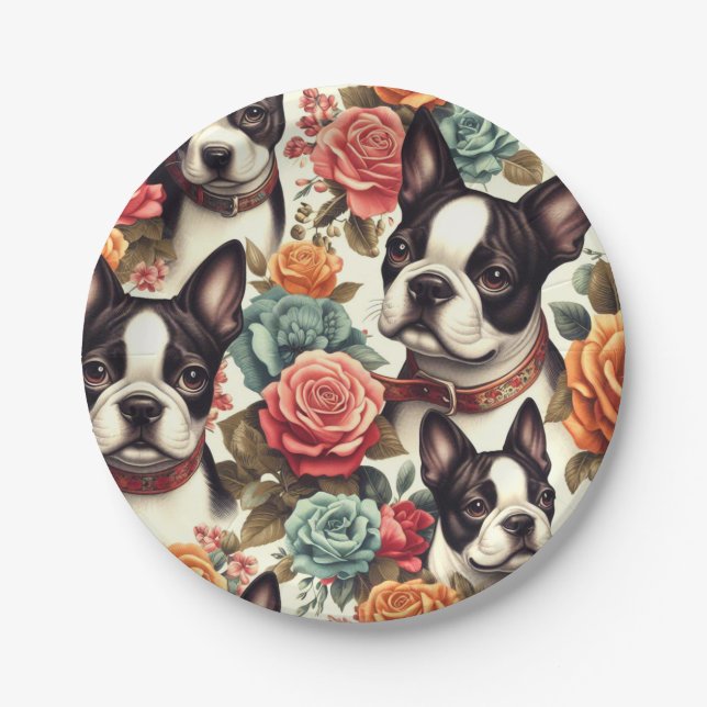 Prato De Papel Ilustração Cute Boston Terrier (Frente)