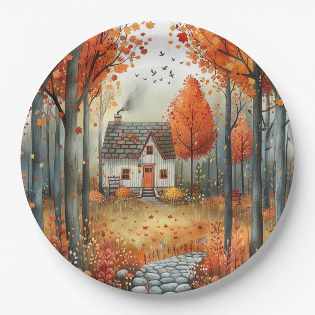 Prato De Papel Ilustração da Floresta de Outono de Algodão Branco (Frente)
