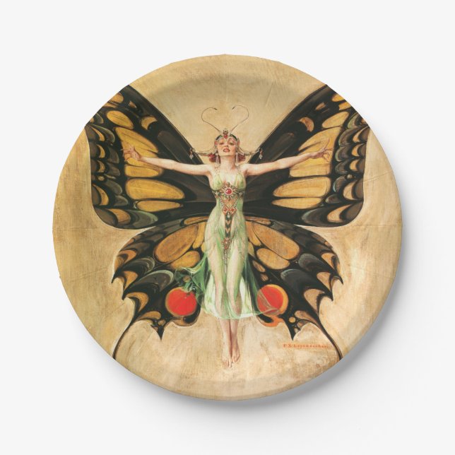 Prato De Papel Ilustração da Mulher Voando Borboleta Flapper (Frente)