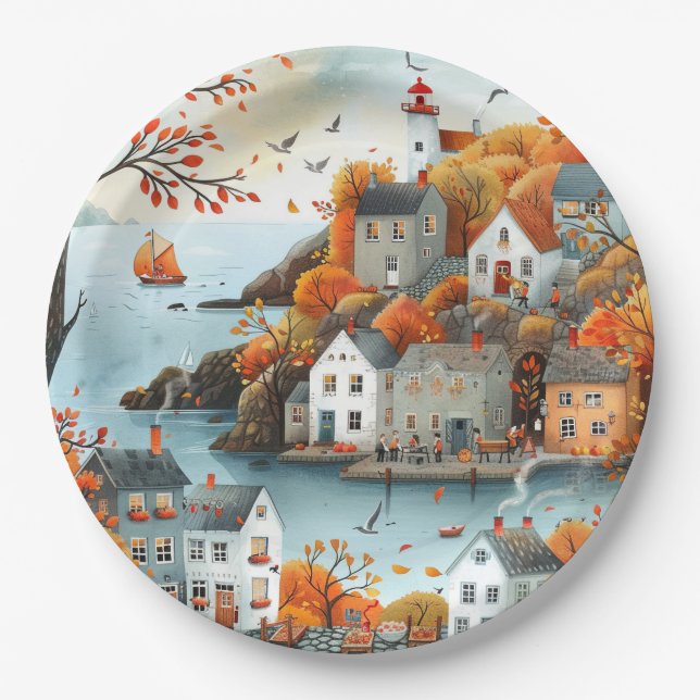 Prato De Papel Ilustração da Vila Costeira do outono (Frente)