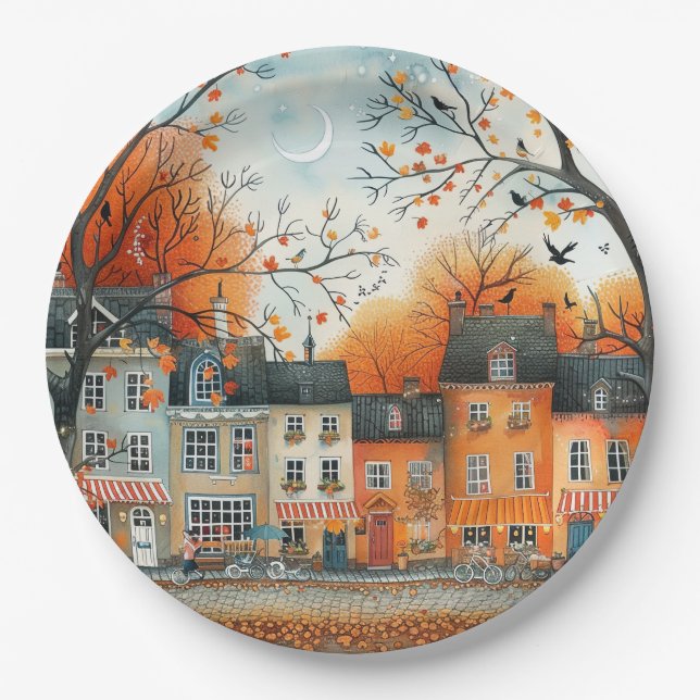 Prato De Papel Ilustração das Casas Laranja do Outono (Frente)