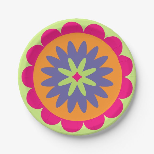 Prato De Papel ilustração das formas florais laranja e rosa (Frente)