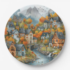 Prato De Papel Ilustração das Montanhas das Árvores de Outono Lar