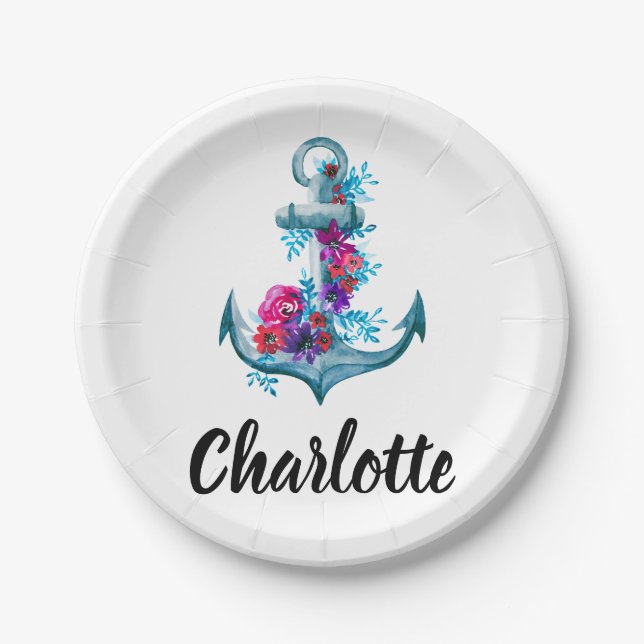 Prato De Papel Ilustração de Âncora Floral Moderna de Aquarela (Frente)